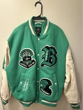 H&M Varsity Letterman Football Jacket High School Men’s Sz L Green - Read Desc.